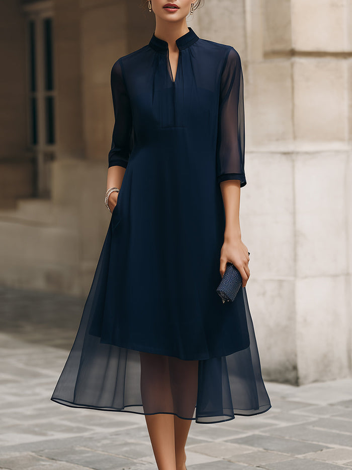 Whitemore & Daughters - Midi Dress: Mandarin-Collar Dress with Sheer Overlay