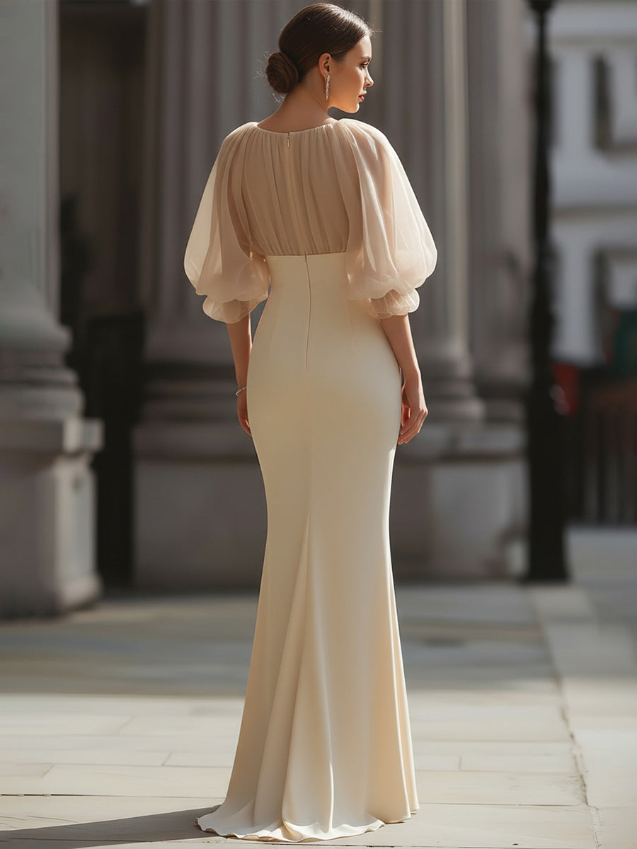 Whitemore & Daughters - Gown: Round-Neck Dress with Sheer Balloon Sleeves and Mermaid Silhouette