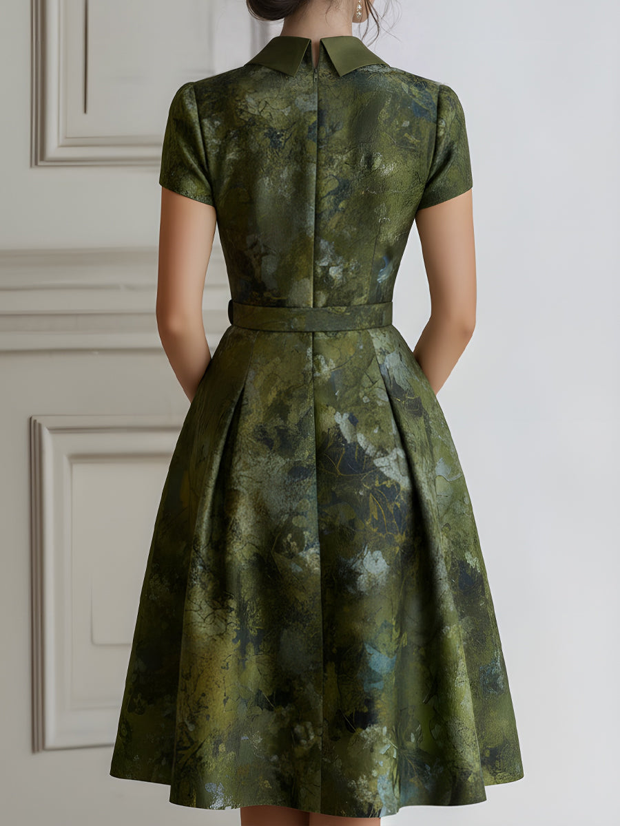 Whitemore & Daughters - Midi Dress: V-Neck Collared Dress with Belted Waist in Floral Print