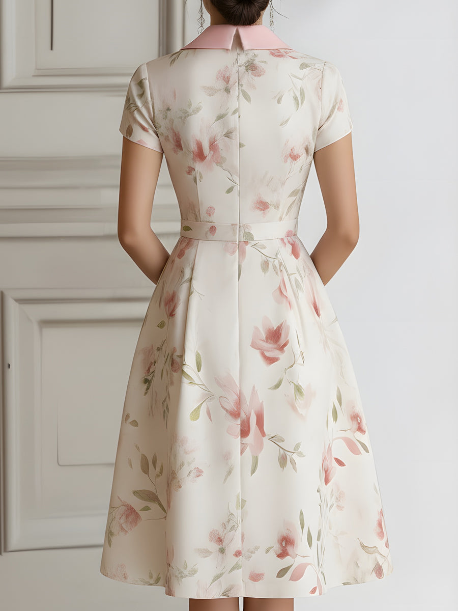 Whitemore & Daughters - Midi Dress: V-Neck Collared Dress with Belted Waist in Floral Print