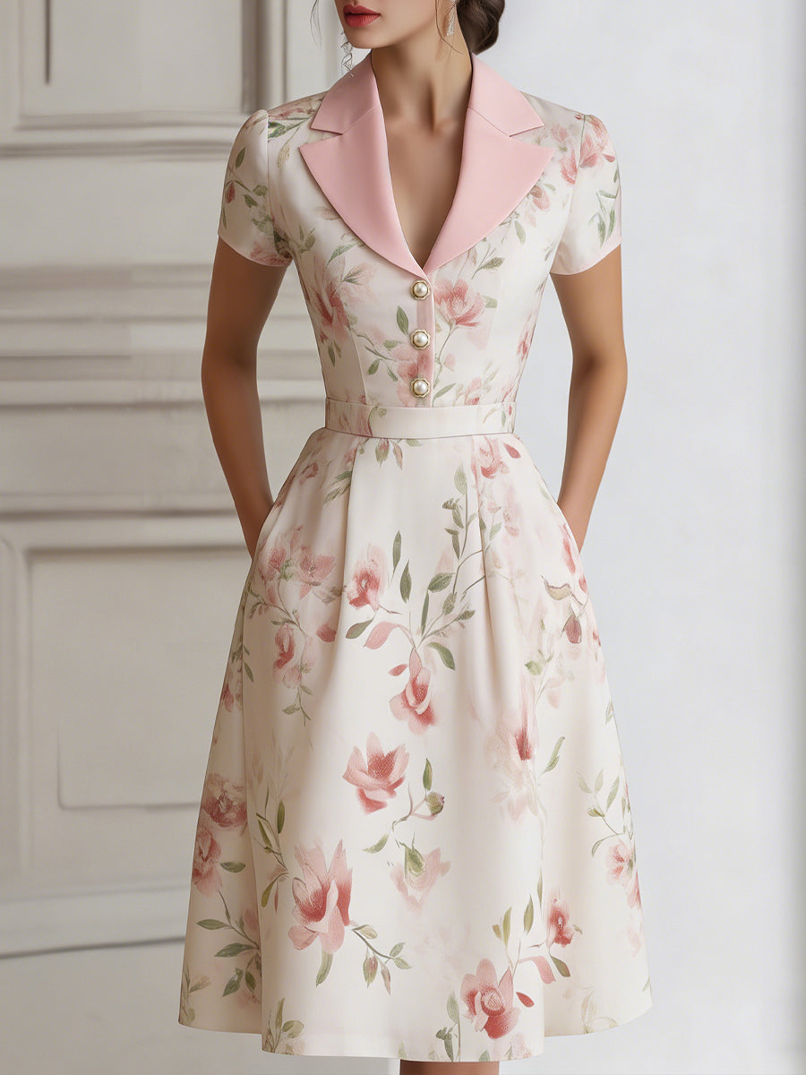 Whitemore & Daughters - Midi Dress: V-Neck Collared Dress with Belted Waist in Floral Print