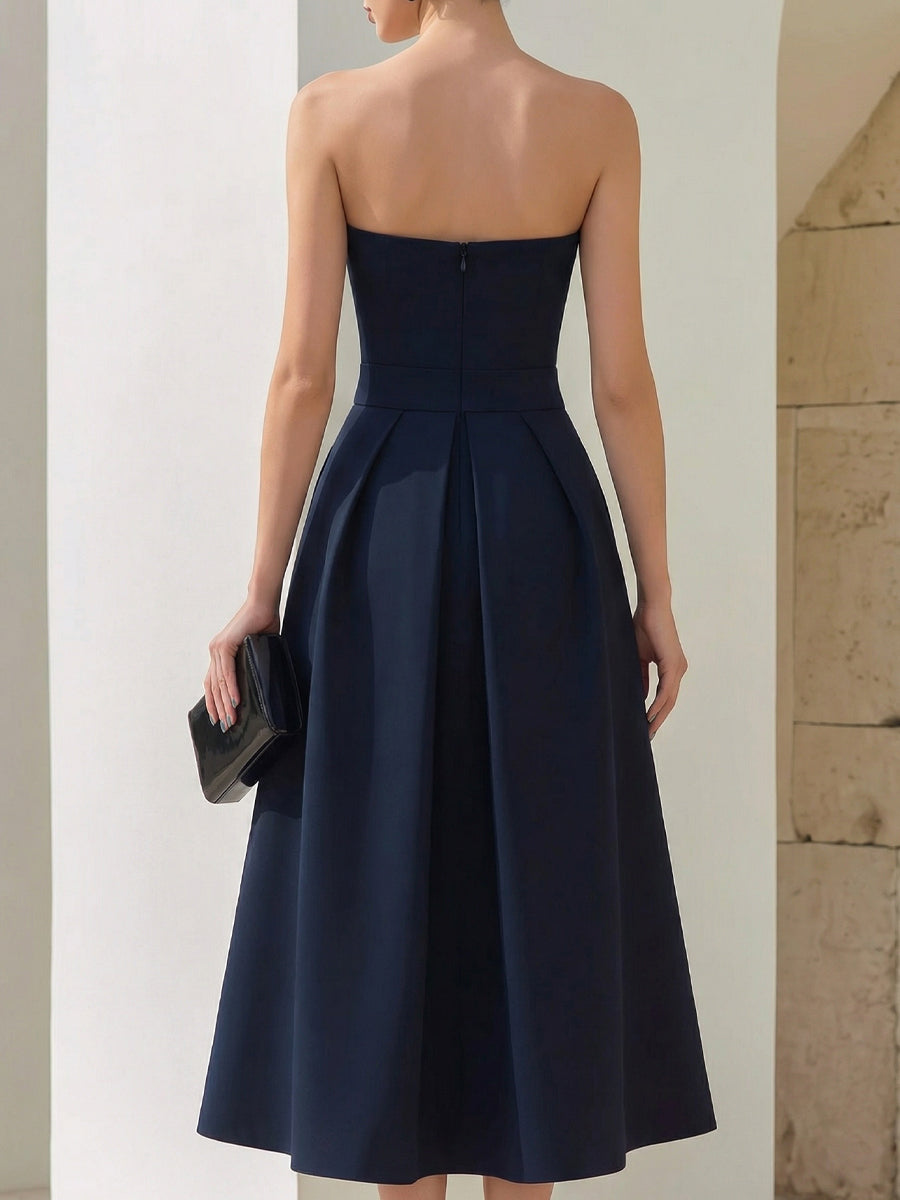 Whitemore & Daughters - Midi Dress: Strapless A-Line Dress with Pleated Skirt