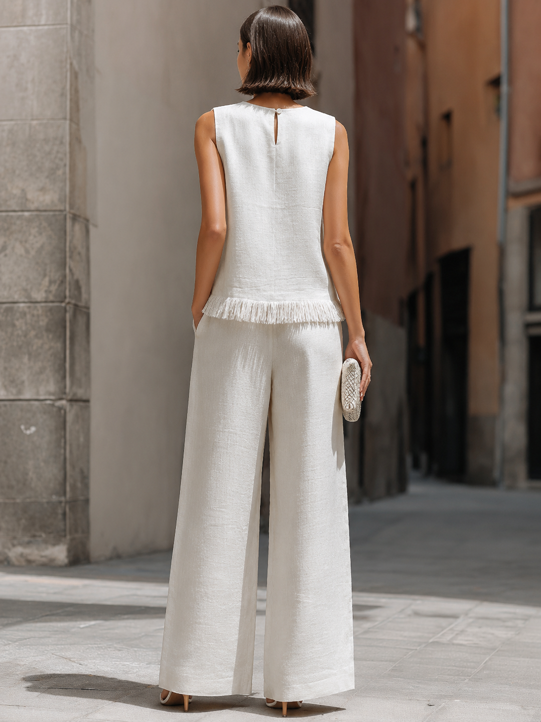 White Sleeveless Textured Top and Wide-Leg Pants Set with Frayed Hem Detail Co-ord – Whitemore & Daughters