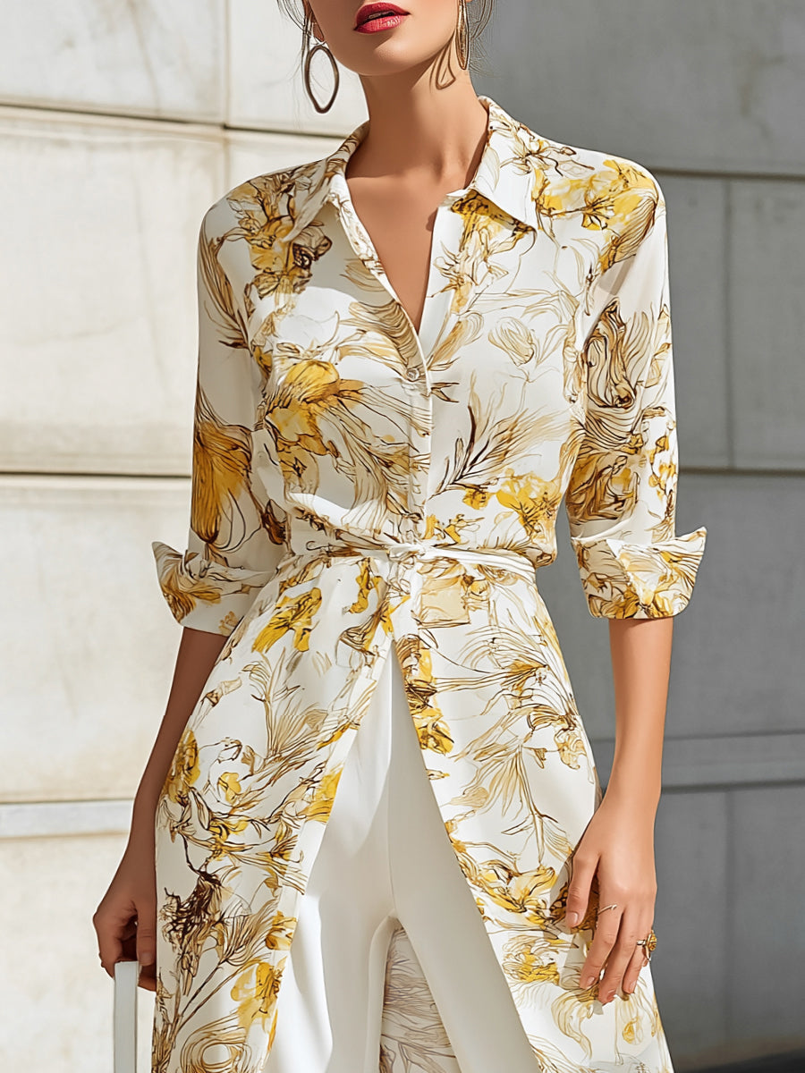 Whitemore & Daughters - Maxi Dress: Shirt-Collar Wrap Dress with Long Sleeves in Floral Print