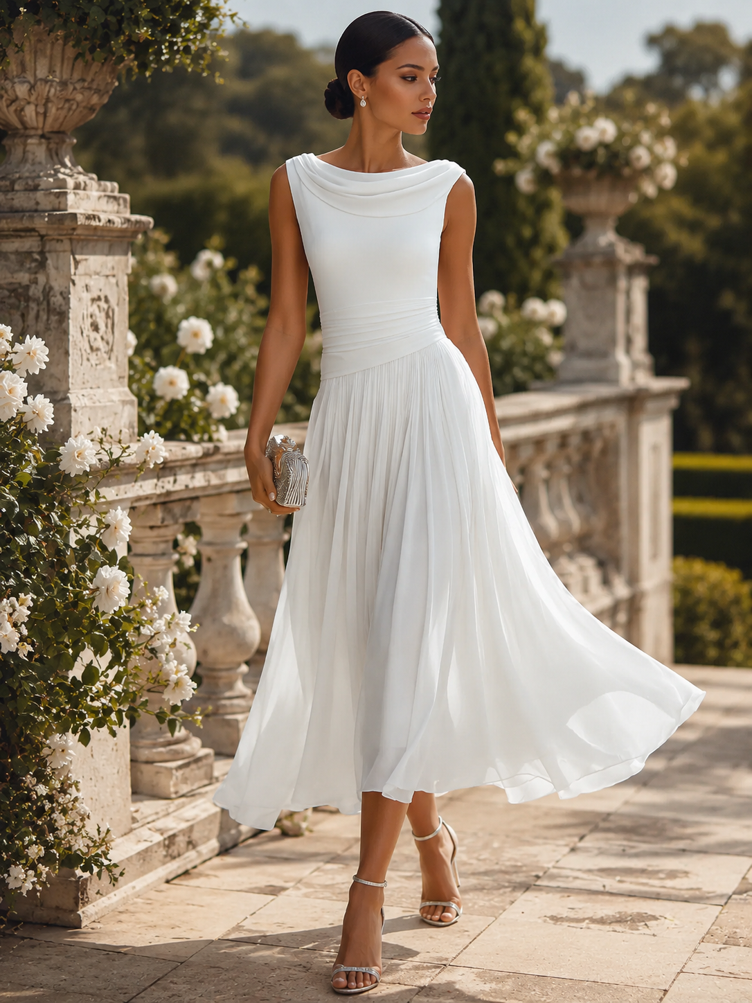 Whitemore & Daughters - Midi Dress: Cowl-Neck A-Line Dress with Flowy Pleated Skirt