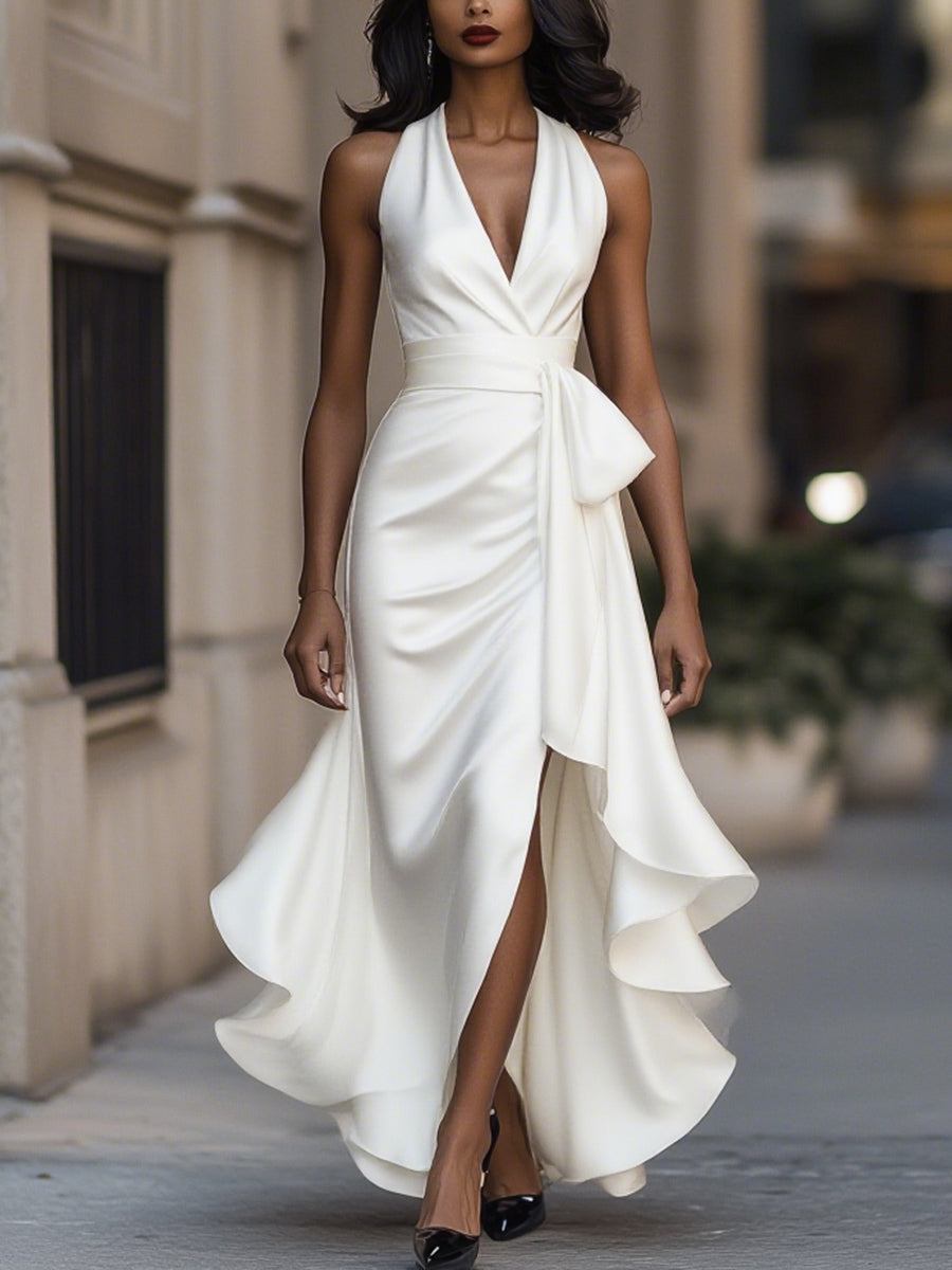 Whitemore & Daughters - Gown: Halter-Neck Satin Dress with Front Slit