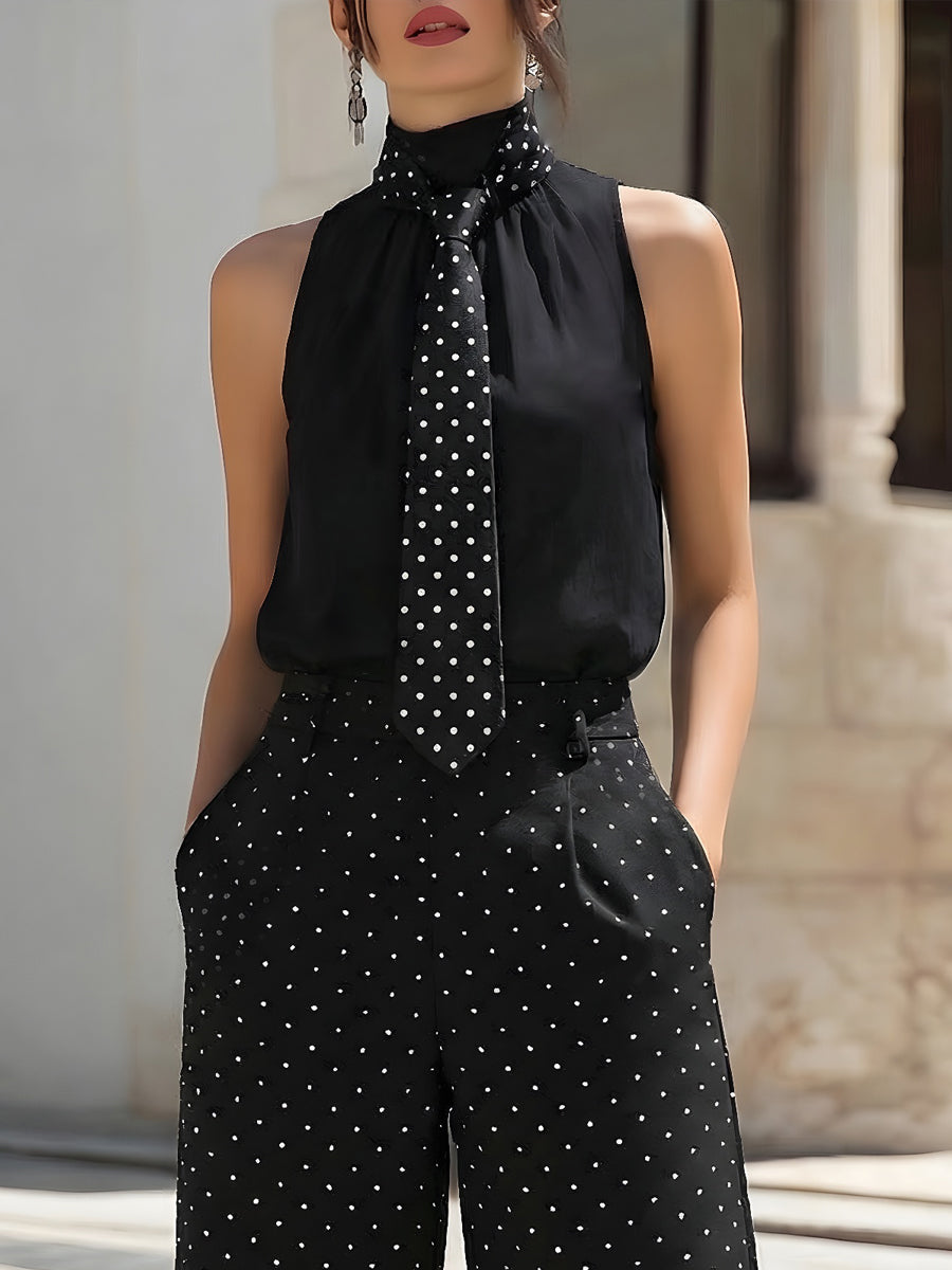 Black Polka Dot Tie-Neck Blouse & Wide-Leg Pants Co-ord – Whitemore & Daughters