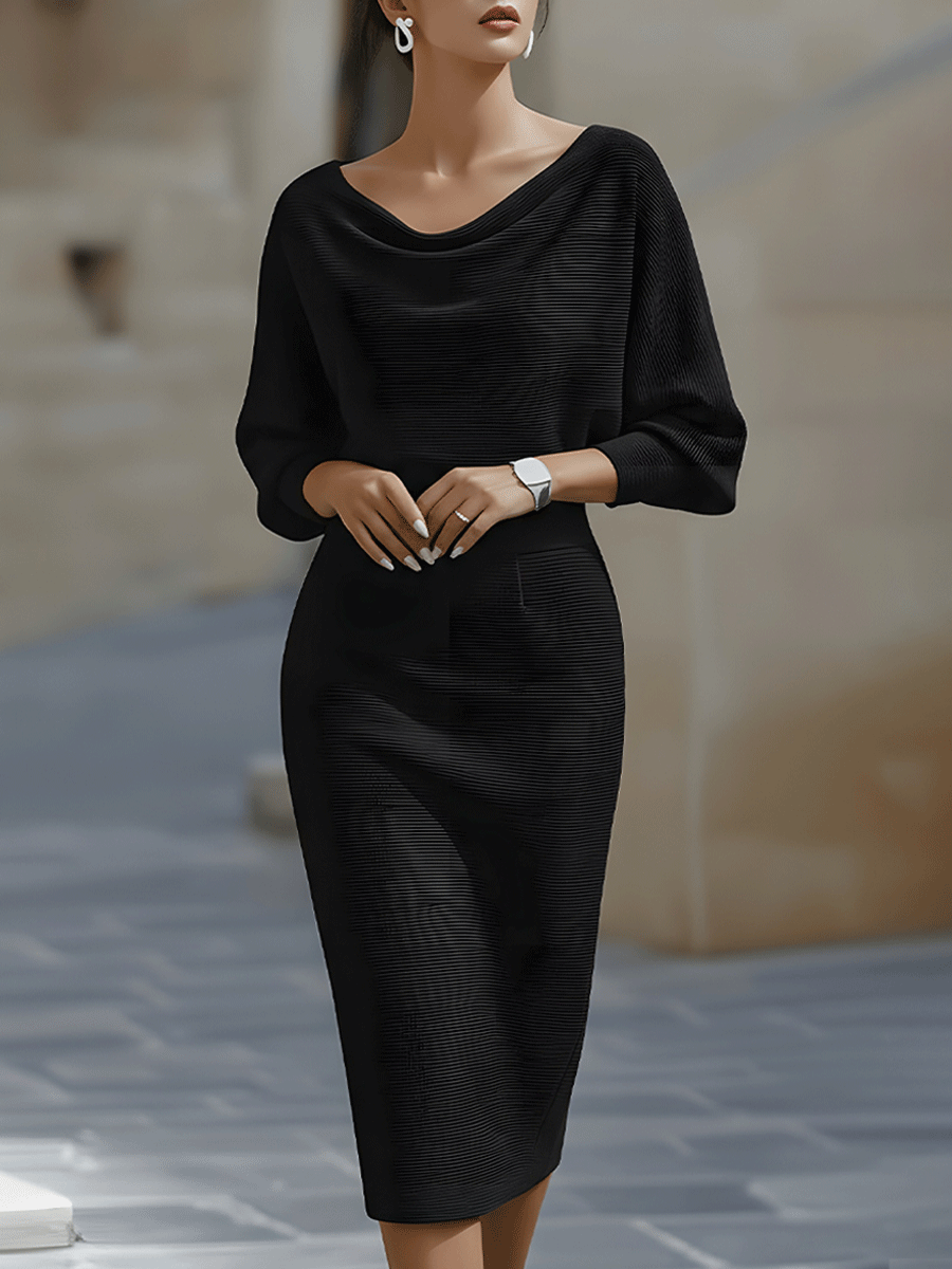 Whitemore & Daughters - Midi Dress: Draped Boat-Neck Dress with Batwing Sleeves