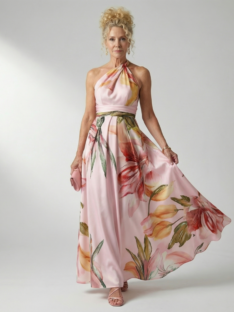 Whitemore & Daughters - Amiel Maxi Dress: One-Shoulder Dress with Sash Belt in Floral Print