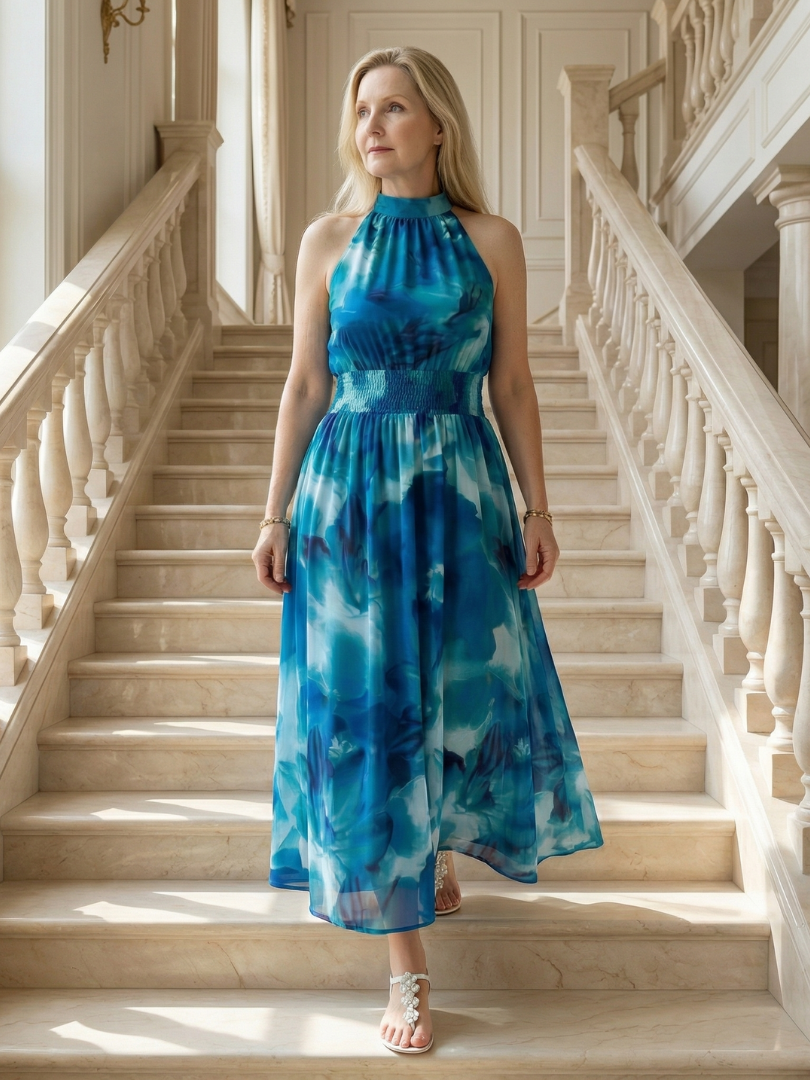 Whitemore & Daughters - Sylin Maxi Dress: Halter-Neck Dress with Gathered Waist in Watercolor Print