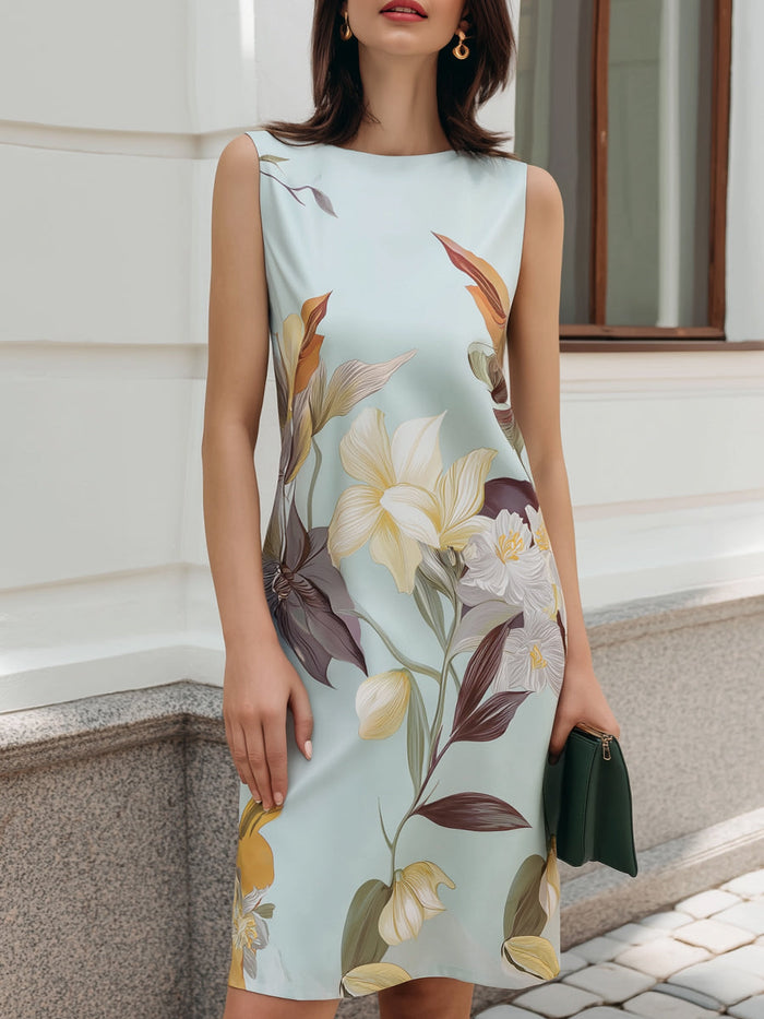 Whitemore & Daughters - Midi Dress: Round-Neck Shift Dress in Floral Print