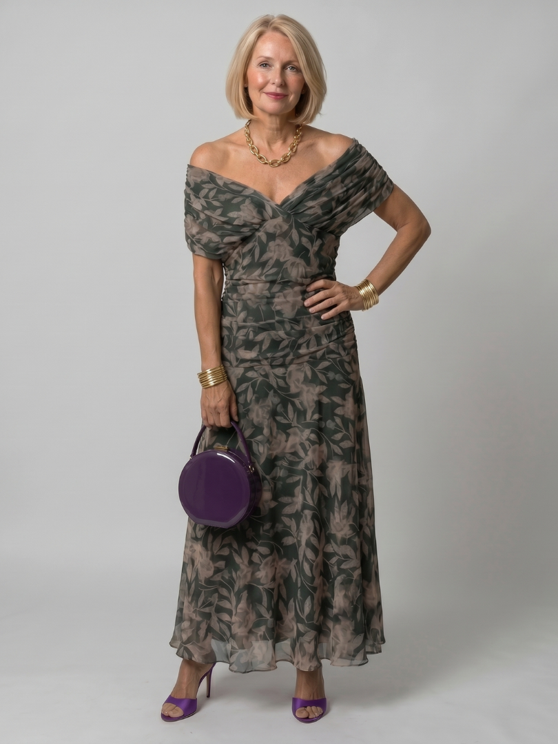 Whitemore & Daughters - Calen Maxi Dress: Off-Shoulder V-Neck Dress with Flutter Sleeves in Floral Print