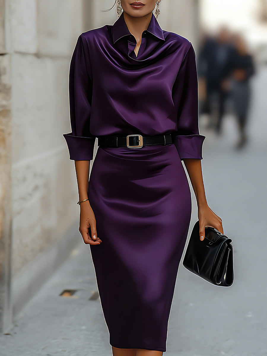 Whitemore & Daughters - Midi Dress: Draped Collar Satin Dress with Belted Waist