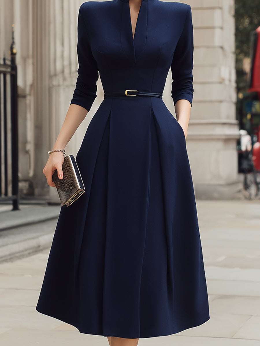 Whitemore & Daughters - Midi Dress: Split-Neck Belted Dress with 3/4 Sleeves