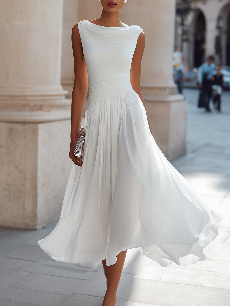 Whitemore & Daughters - Midi Dress: Cowl-Neck A-Line Dress with Flowy Pleated Skirt