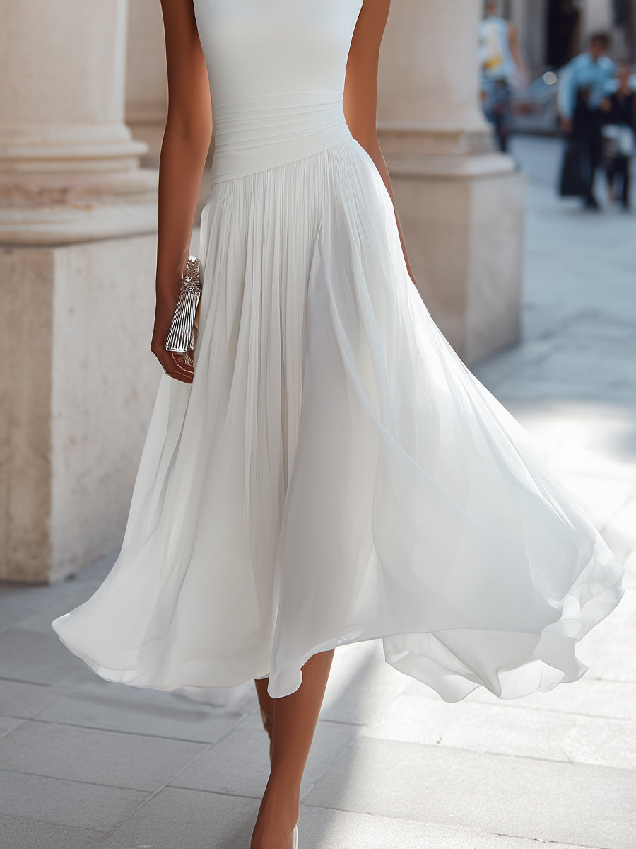Whitemore & Daughters - Midi Dress: Cowl-Neck A-Line Dress with Flowy Pleated Skirt