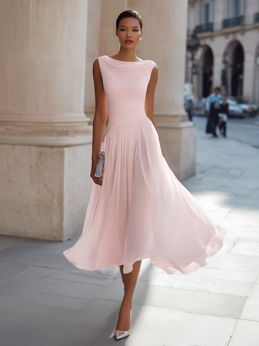 Whitemore & Daughters - Midi Dress: Cowl-Neck A-Line Dress with Flowy Pleated Skirt