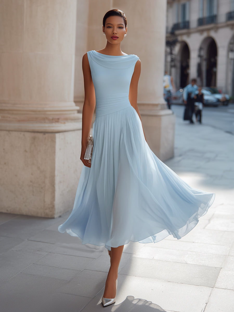 Whitemore & Daughters - Midi Dress: Cowl-Neck A-Line Dress with Flowy Pleated Skirt