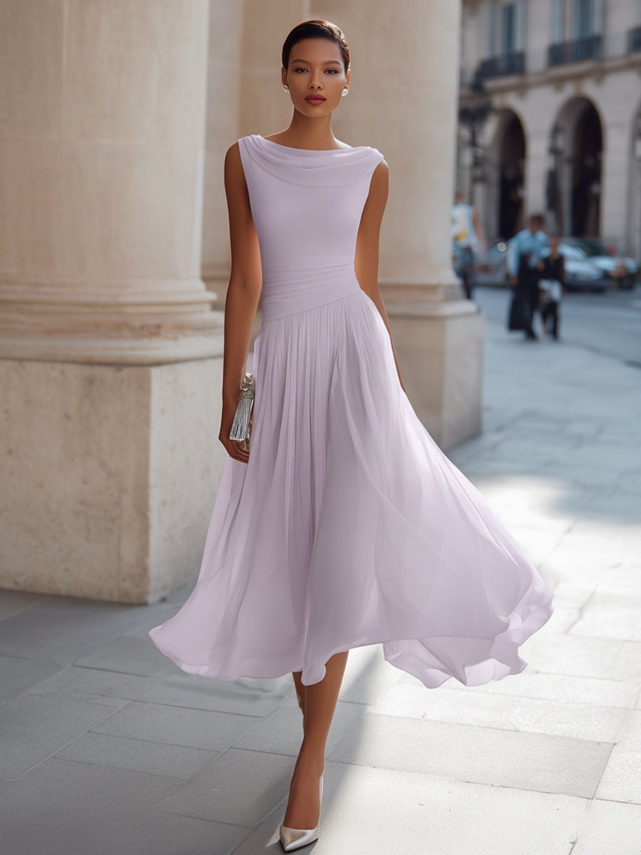 Whitemore & Daughters - Midi Dress: Cowl-Neck A-Line Dress with Flowy Pleated Skirt