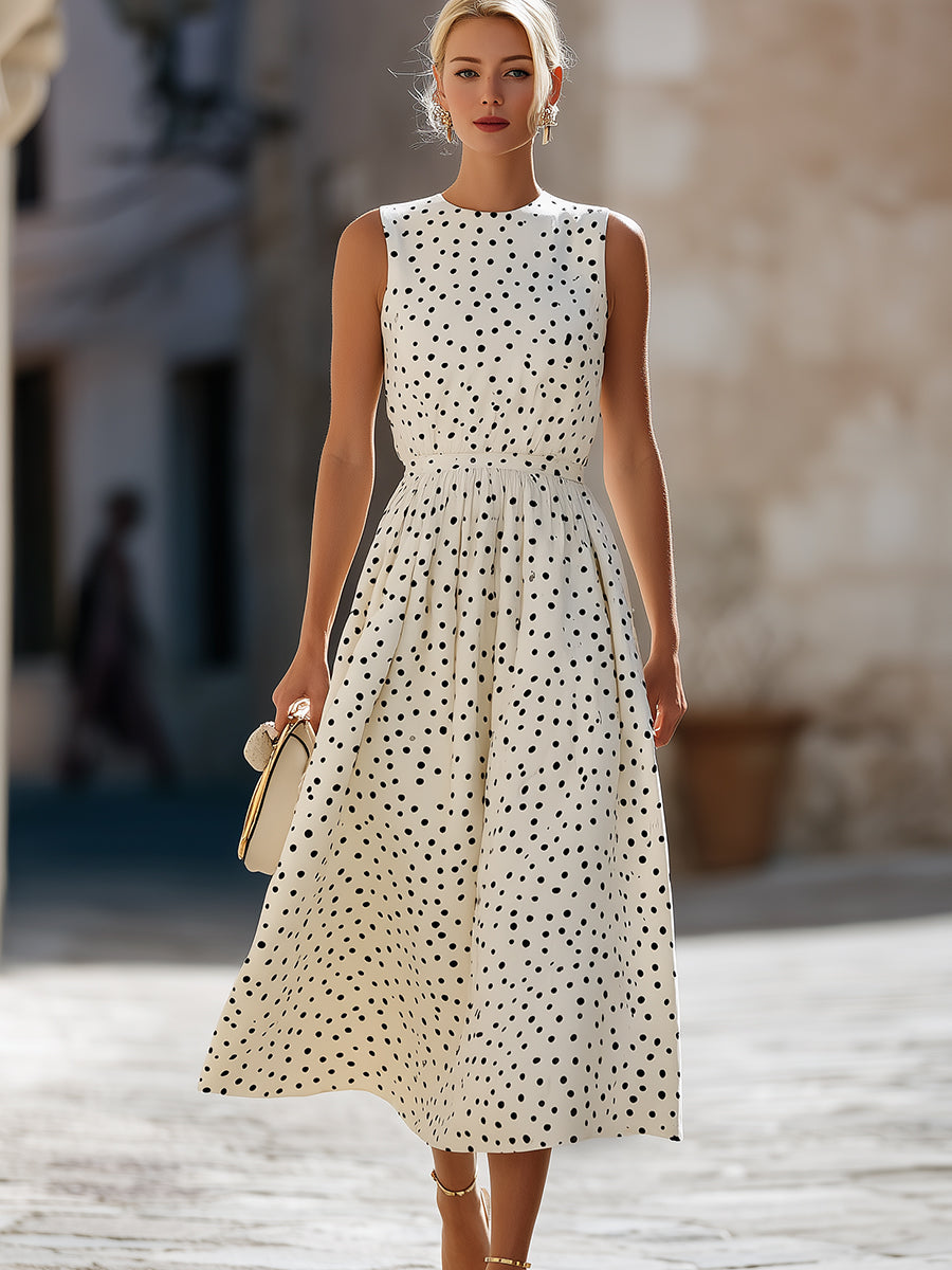 Whitemore & Daughters - Midi Dress: Round-Neck A-Line Dress with Gathered Waist in Polka Dot Print