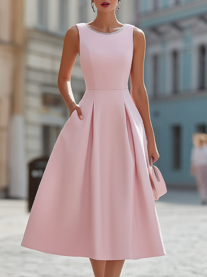 Whitemore & Daughters - Midi Dress: Round-Neck Fit-and-Flare Dress with Rhinestone Trim
