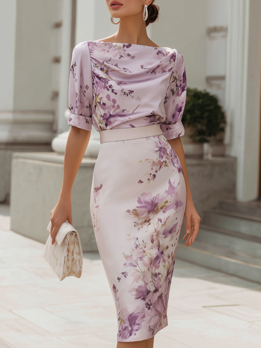 Whitemore & Daughters - Midi Dress: Boat-Neck Draped Dress in Floral Print