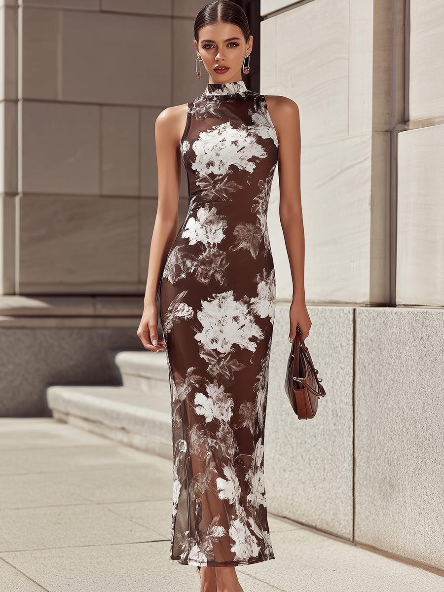 Whitemore & Daughters - Maxi Dress: High-Neck Sleeveless Column Dress in Floral Print