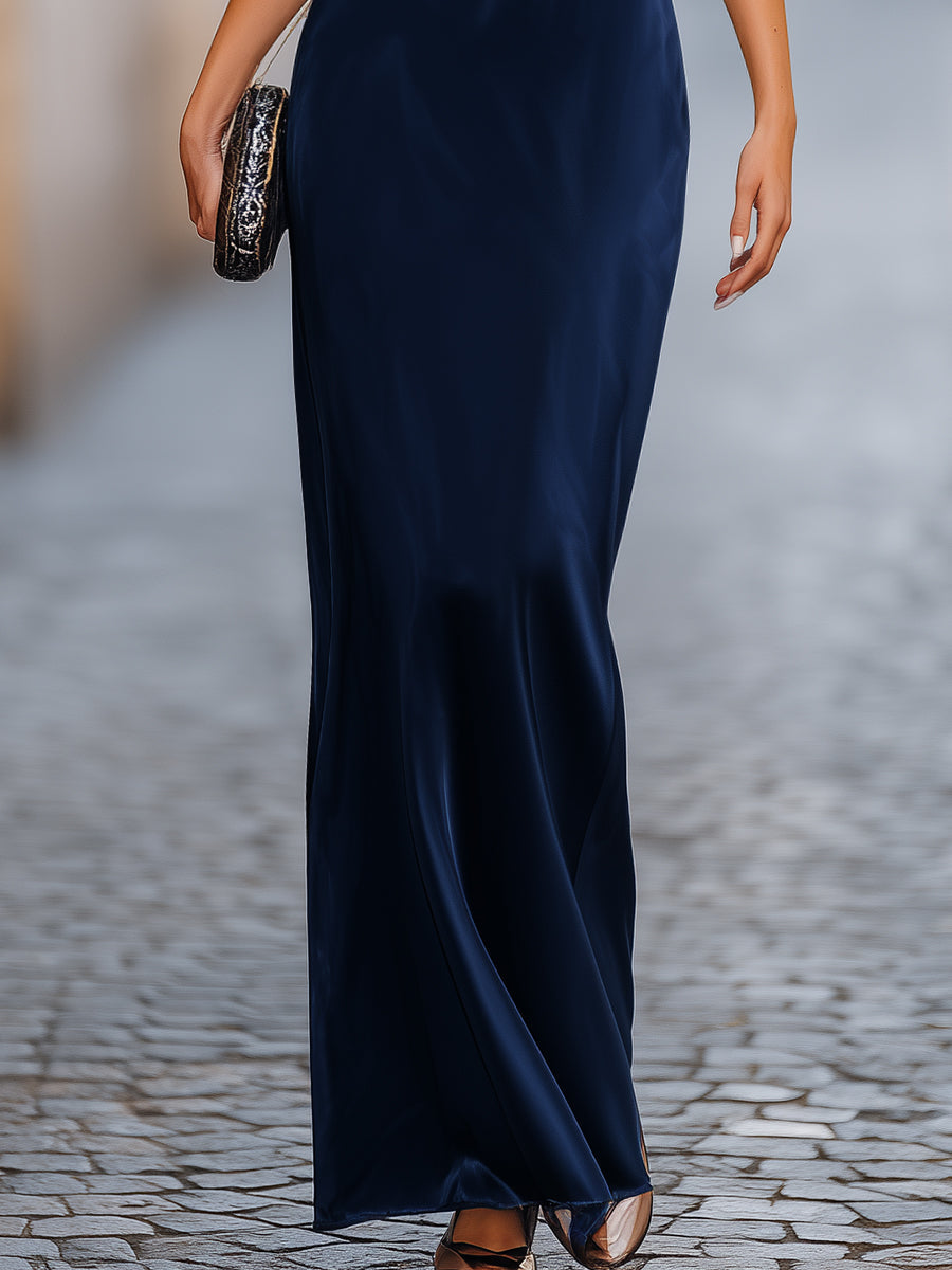 Whitemore & Daughters - Maxi Dress: Round-Neck Satin Dress with Batwing Sleeves