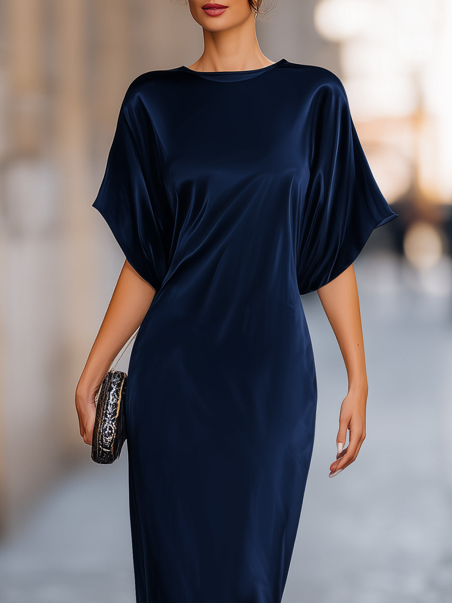 Whitemore & Daughters - Maxi Dress: Round-Neck Satin Dress with Batwing Sleeves
