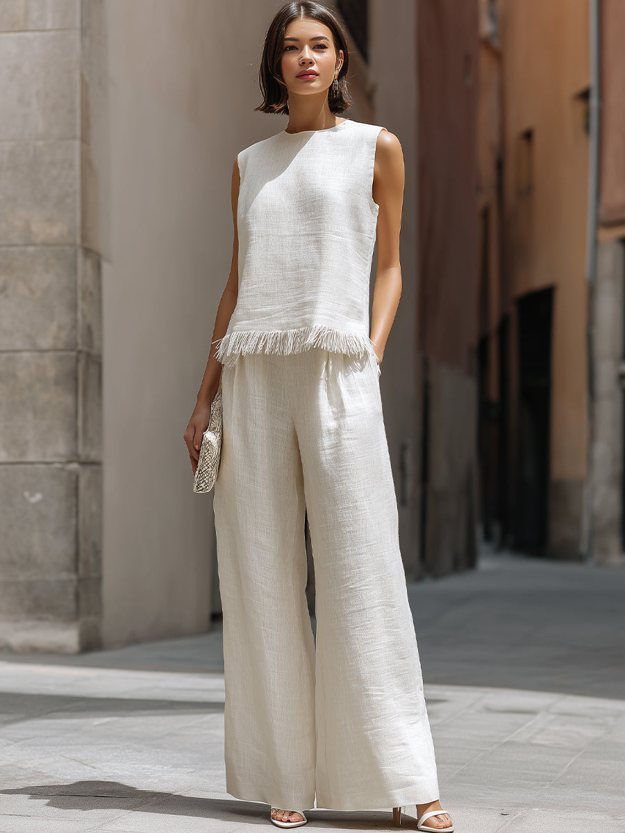 White Sleeveless Textured Top and Wide-Leg Pants Set with Frayed Hem Detail Co-ord – Whitemore & Daughters
