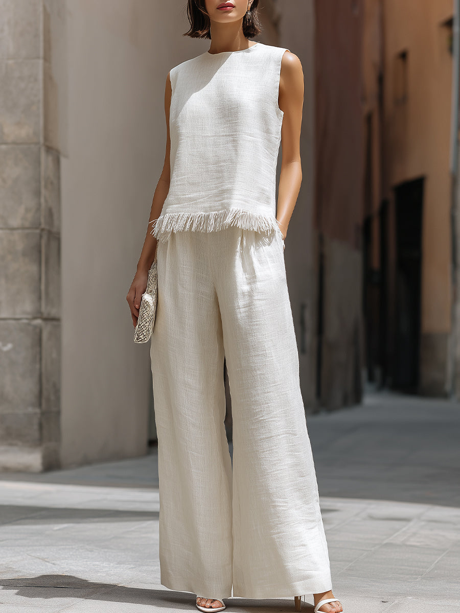 White Sleeveless Textured Top and Wide-Leg Pants Set with Frayed Hem Detail Co-ord – Whitemore & Daughters