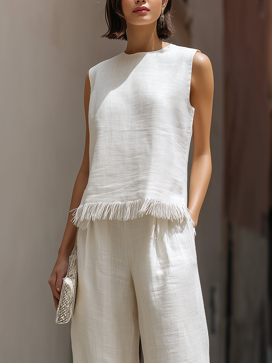 White Sleeveless Textured Top and Wide-Leg Pants Set with Frayed Hem Detail Co-ord – Whitemore & Daughters