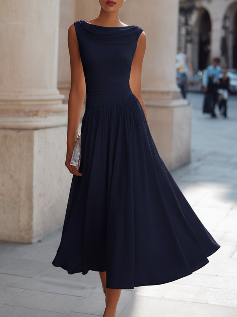 Whitemore & Daughters - Midi Dress: Cowl-Neck A-Line Dress with Flowy Pleated Skirt