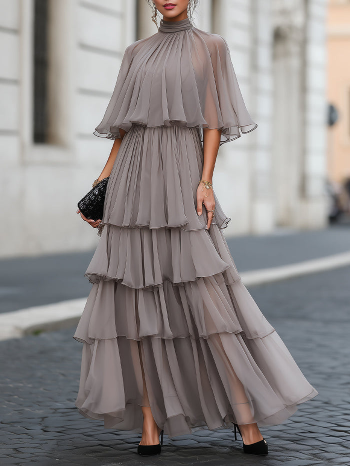 Whitemore & Daughters - Maxi Dress: High-Neck Dress with Cape Sleeves and Tiered Ruffle Skirt