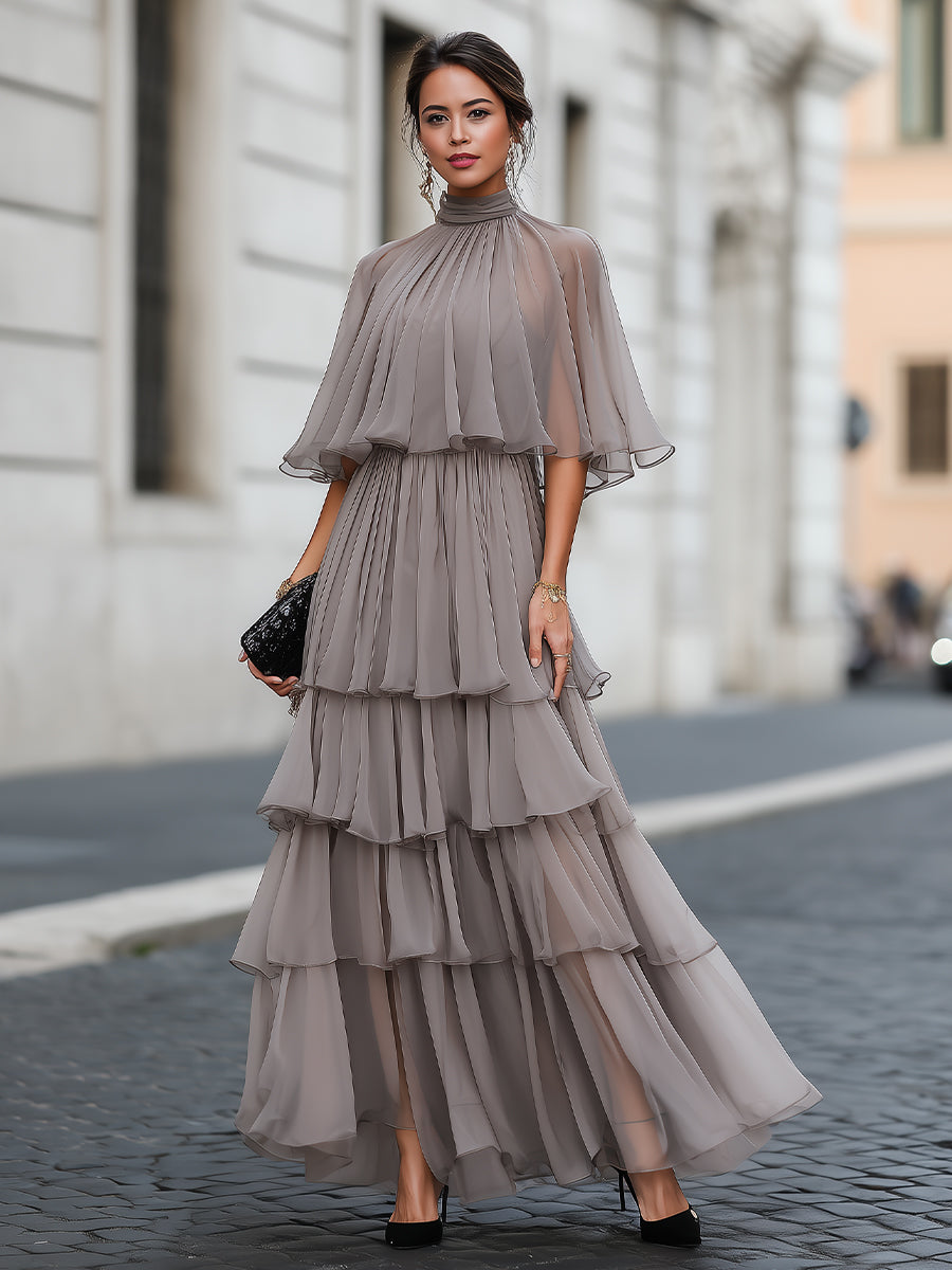 Whitemore & Daughters - Maxi Dress: High-Neck Dress with Cape Sleeves and Tiered Ruffle Skirt