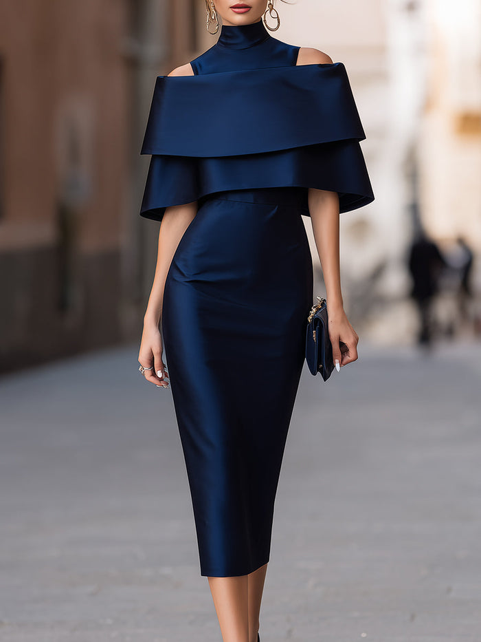 Whitemore & Daughters - Midi Dress: High-Neck Dress with Cape Overlay