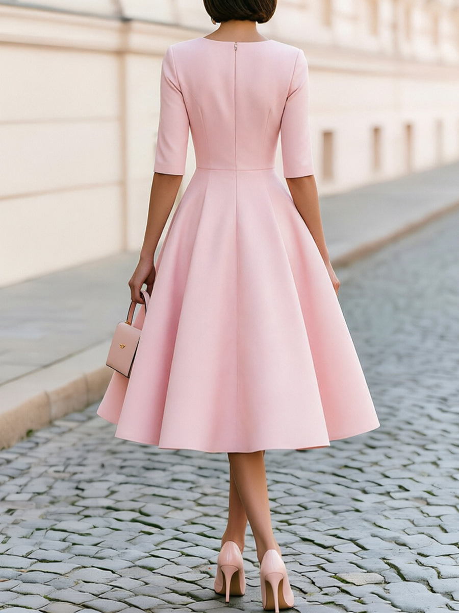 Whitemore & Daughters - Midi Dress: Round-Neck Fit-and-Flare Dress with 3/4 Sleeves