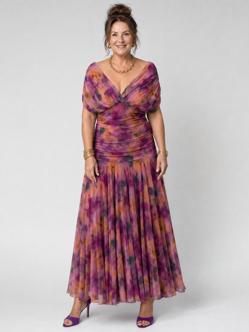 Whitemore & Daughters - Calen Maxi Dress: Off-Shoulder V-Neck Dress with Flutter Sleeves in Floral Print