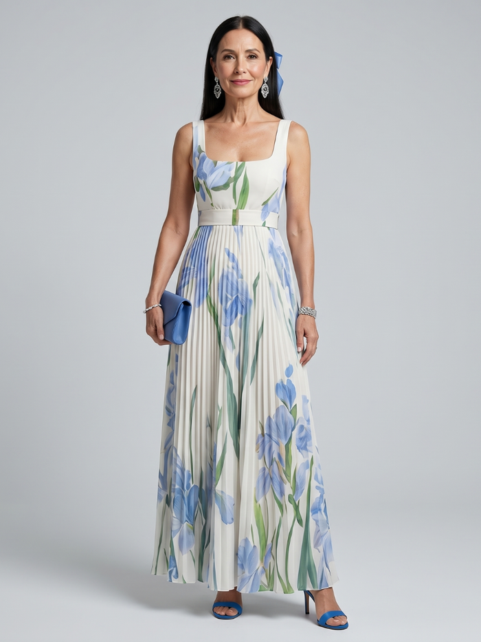 Whitemore & Daughters - Ophelia Maxi Dress: Square-Neck Belted Dress with Pleated Skirt in Floral Print