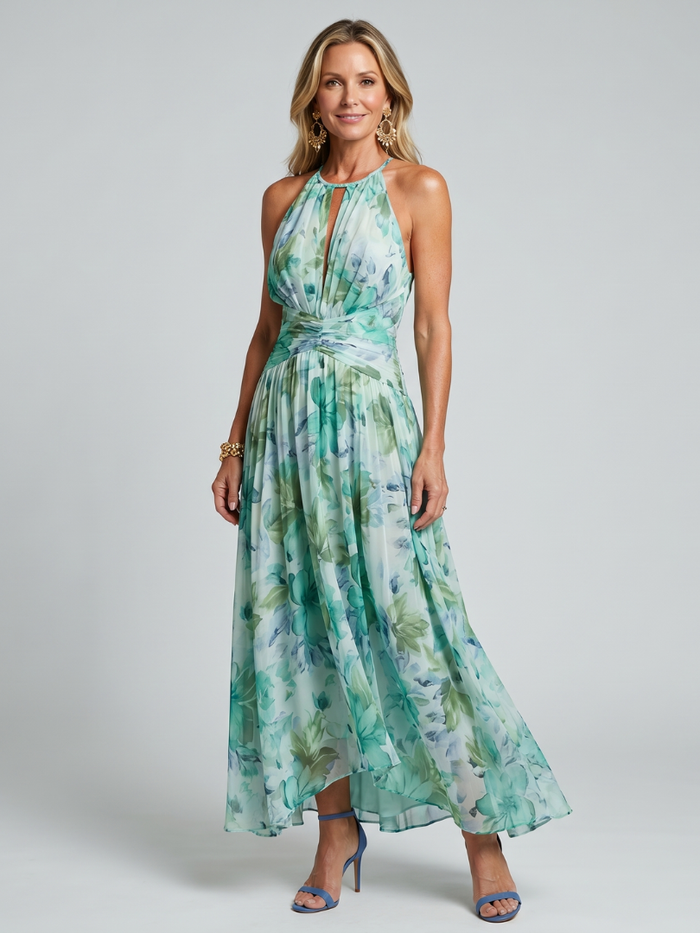 Whitemore & Daughters - Portia Maxi Dress: Halter-Neck Pleated Dress in Floral Print