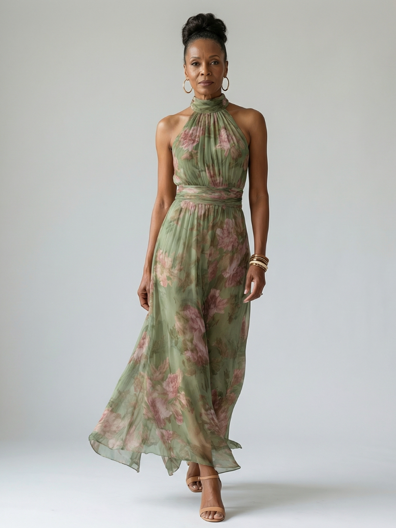 Whitemore & Daughters - Mirelle Maxi Dress: Halter-Neck Gathered Dress in Floral Print