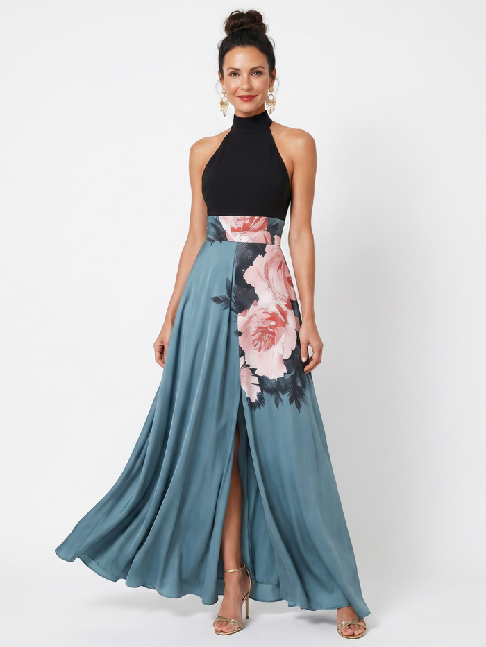 Whitemore & Daughters - Olympas Maxi Dress: Halter-Neck A-Line Dress with Front Slit in Floral Print