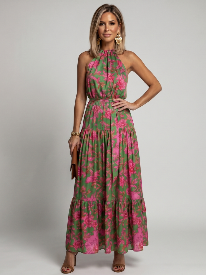 Whitemore & Daughters - Rowen Maxi Dress: Halter-Neck Belted Dress with Tiered Skirt in Floral Print