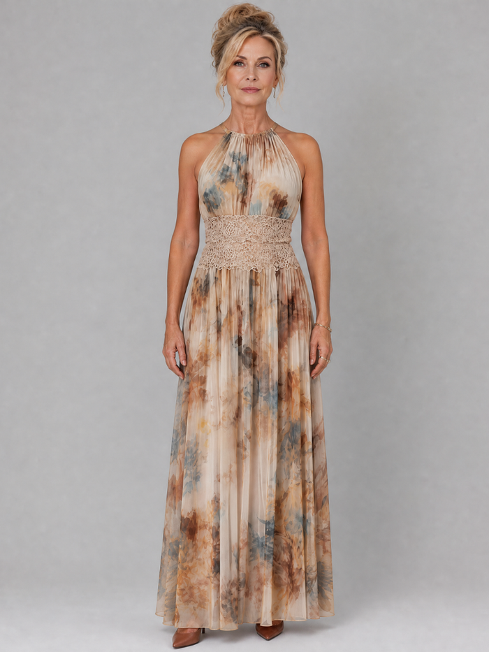 Whitemore & Daughters - Elavenue Maxi Dress: Halter-Neck Dress with Lace Waist Detail in Watercolor Print