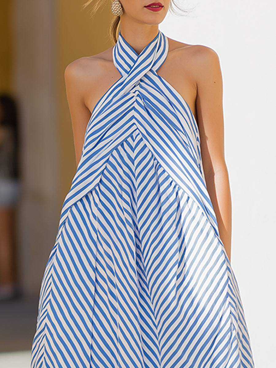Whitemore & Daughters - Maxi Dress: Halter-Neck A-Line Dress in Striped Print