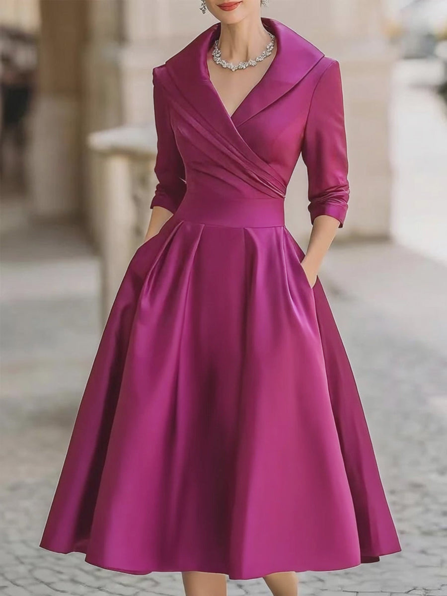 Whitemore & Daughters - Midi Dress: V-Neck Wrap Satin Dress with Full A-Line Skirt
