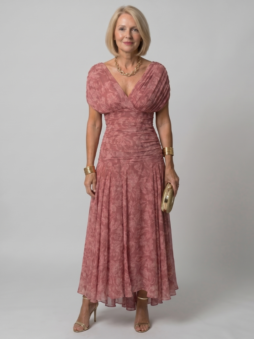 Whitemore & Daughters - Calen Maxi Dress: Off-Shoulder V-Neck Dress with Flutter Sleeves in Floral Print