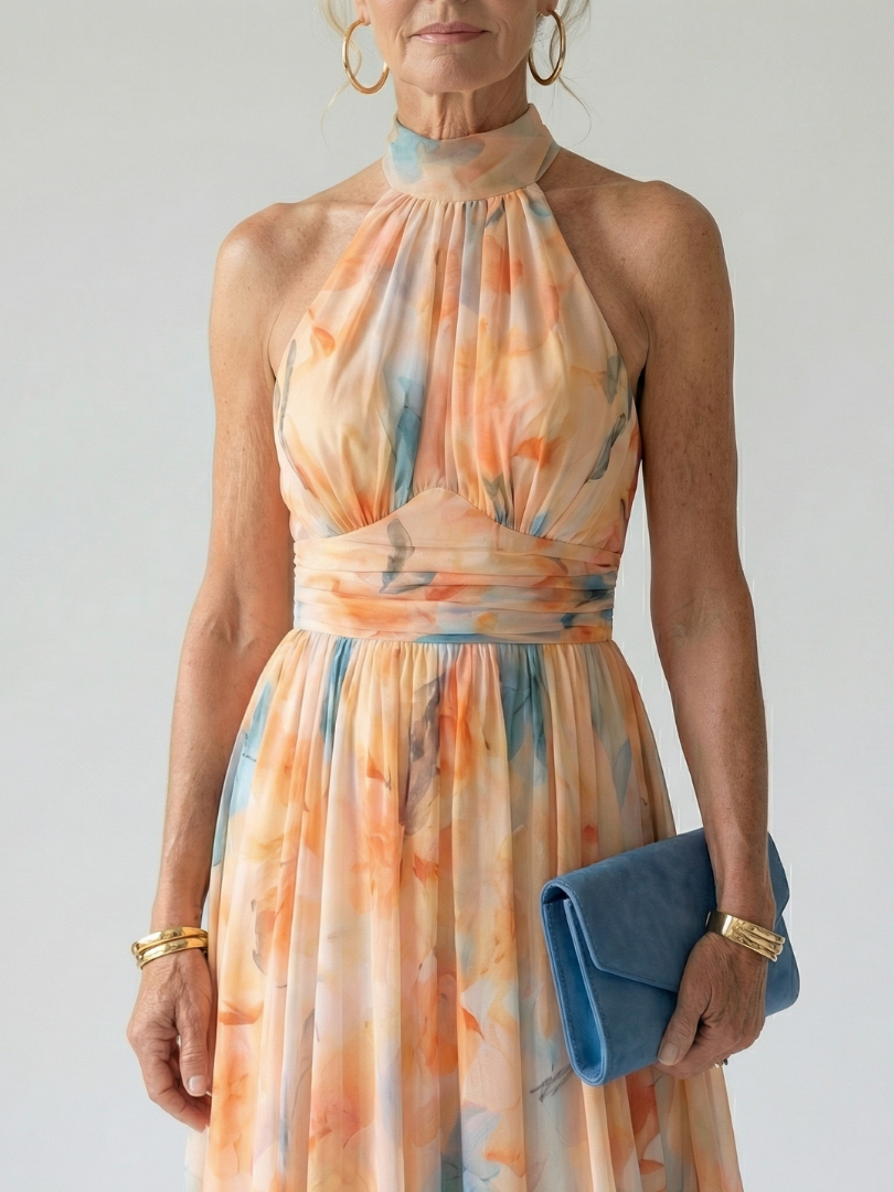 Whitemore & Daughters - Elin Midi Dress: Halter-Neck Dress with Belted Waist in Watercolor Print