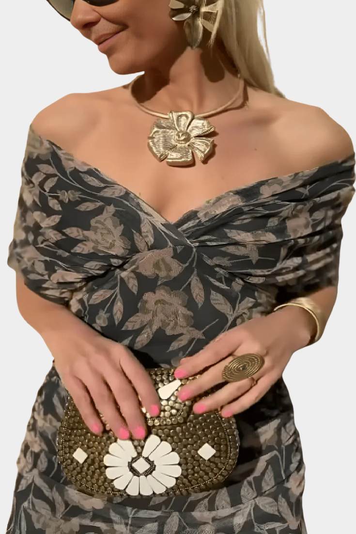 Whitemore & Daughters - Eloria Maxi Dress: Off-Shoulder Twist-Front Dress with Flutter Sleeves in Floral Print
