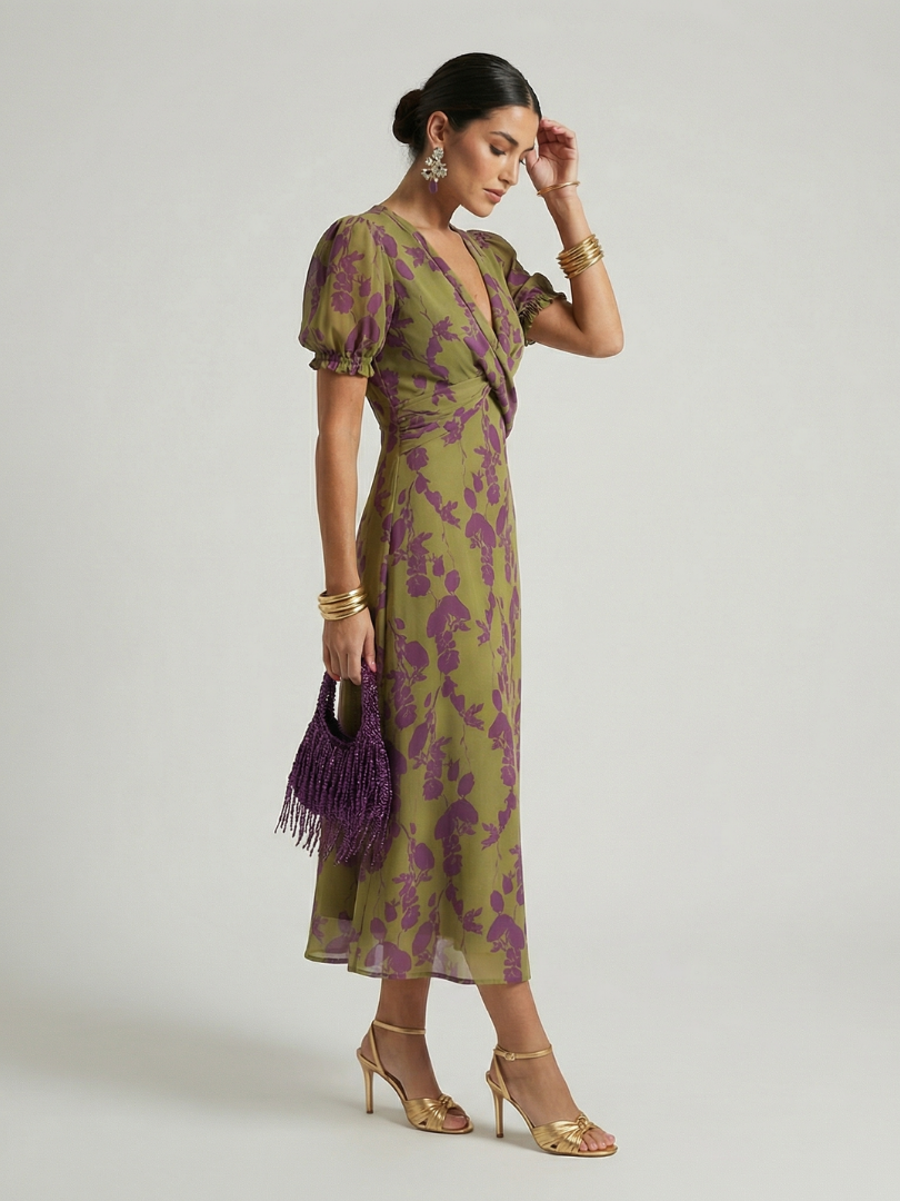 Whitemore & Daughters - Virel Midi Dress: V-Neck Wrap Dress with Puff Sleeves in Floral Print